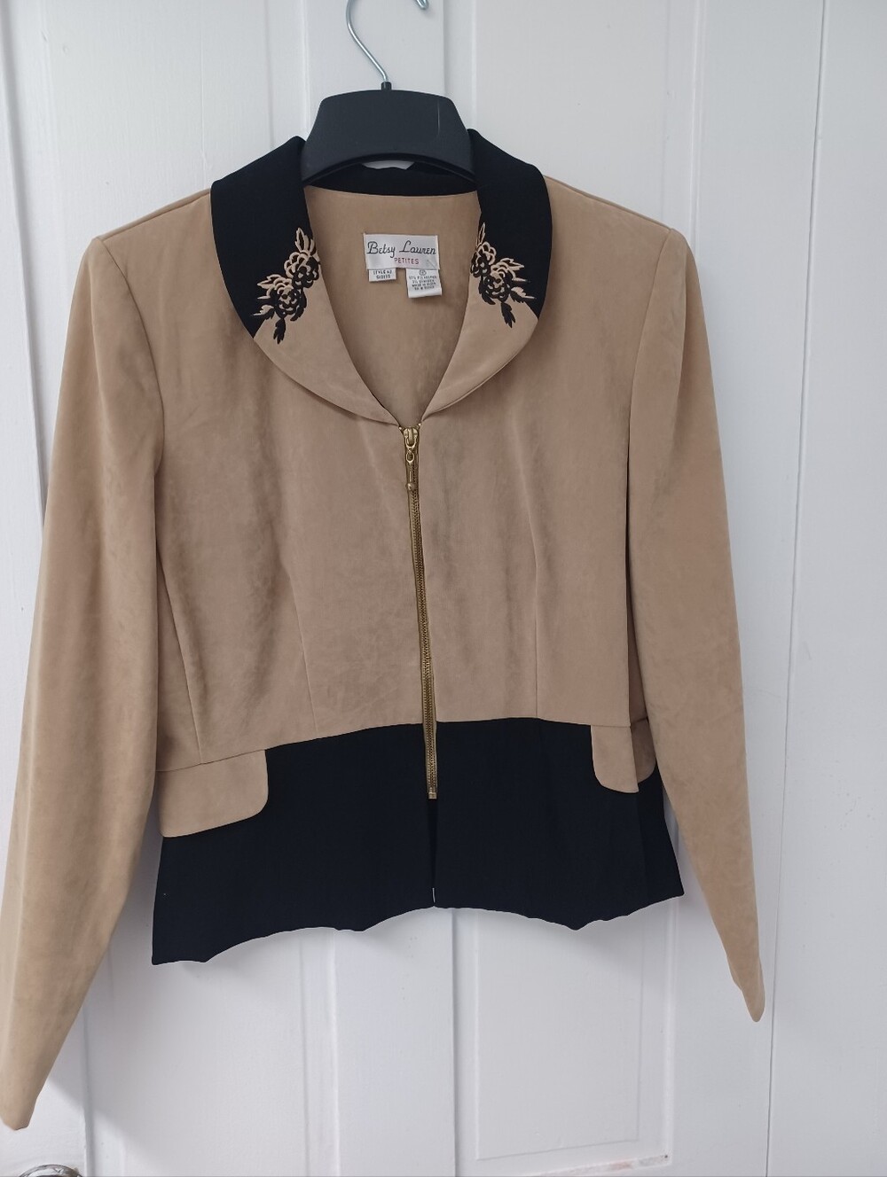 Bersy Luren Vintage Size 14 P Suede-Look Two-Tone Zip Jacket in Tan and Black